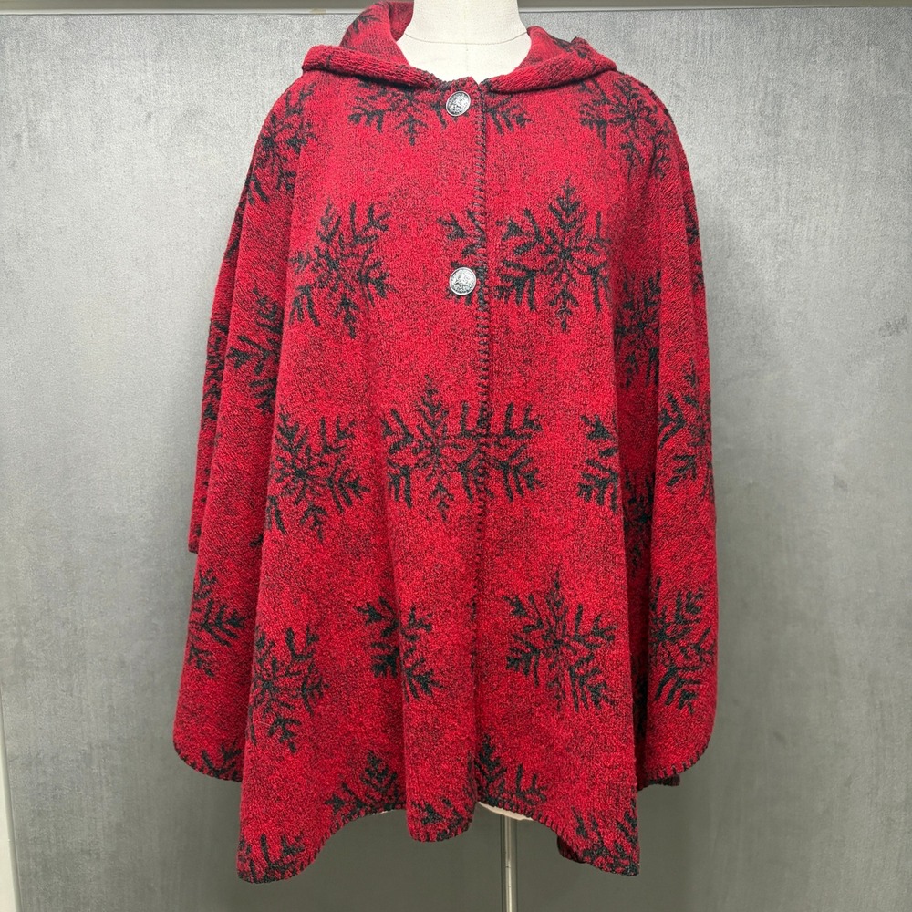 Vermont Country Store Cape Poncho Women SM Red Black Snowflake Hooded Wool Blend